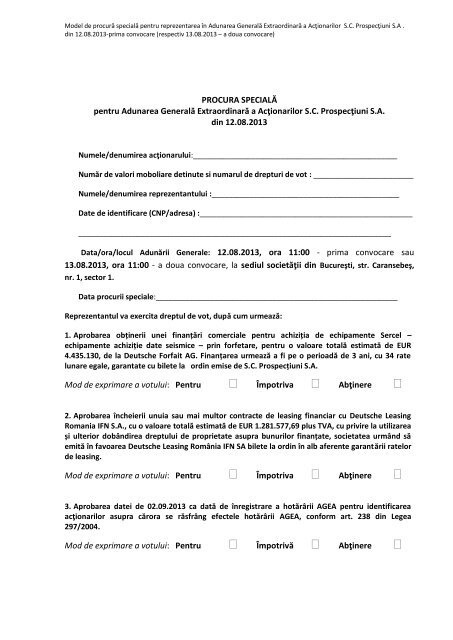 Procura speciala de reprezentare AGEA 12.08.2013 - Prospectiuni