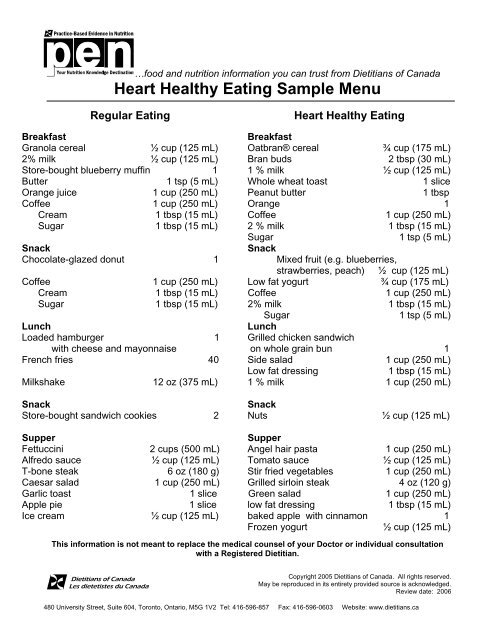 Heart Healthy Eating - Sample Menu (PDF) - Western Health