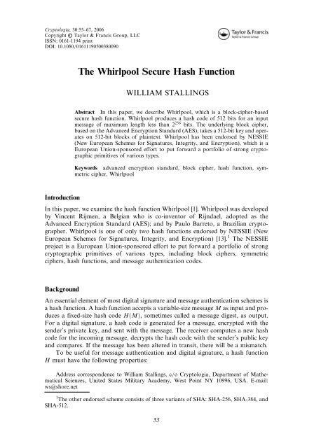 The Whirlpool Secure Hash Function - SEAS