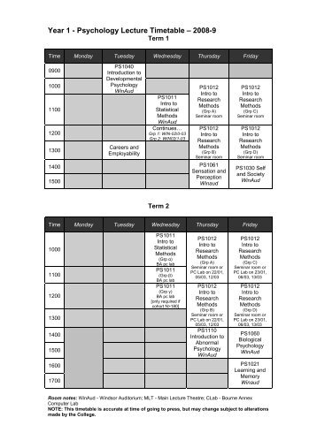 Year 1 - Psychology Lecture Timetable â 2008-9