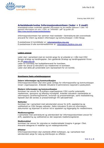 D-30 Arbeidsbeskrivelse â InformasjonskomitÃ© 2010 - CISV Norge