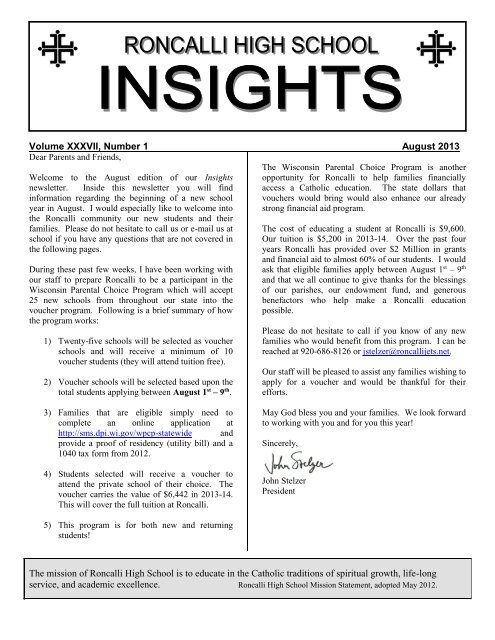August 2013 Issue Roncalli High School Roncalli High School Calendar