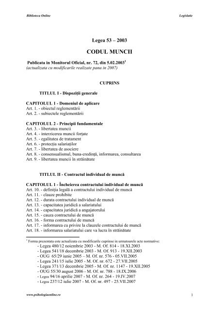 CODUL MUNCII - Actualizat 2006 - Psihologia Online