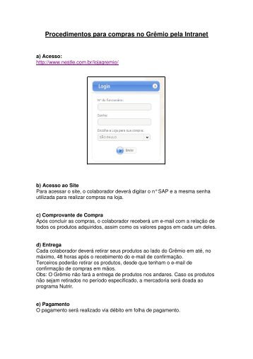 Procedimentos para compras no Grêmio pela Intranet - Nestlé