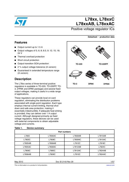 STMicroelectronics L7806CV datasheet: pdf - Octopart