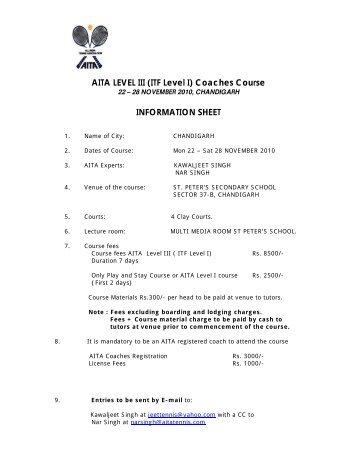 AITA LEVEL III (ITF Level I) Coaches Course INFORMATION SHEET