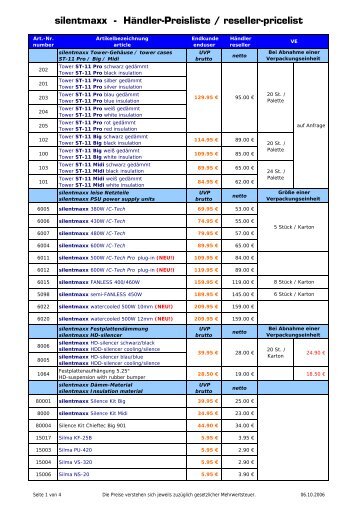 silentmaxx - HÃ¤ndler-Preisliste / reseller-pricelist