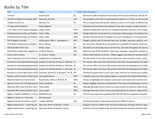 View Math Library Resource List by Title - Bayh College of Education