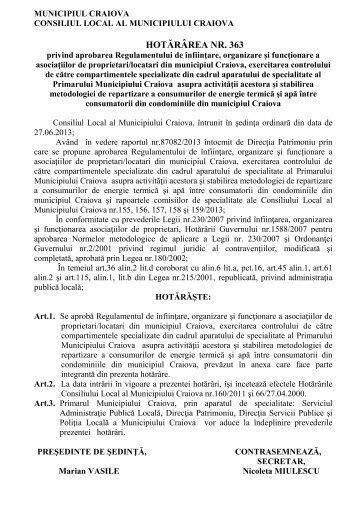 Hotărârea consiliului local nr. 363 pe 2013 - Primaria Craiova