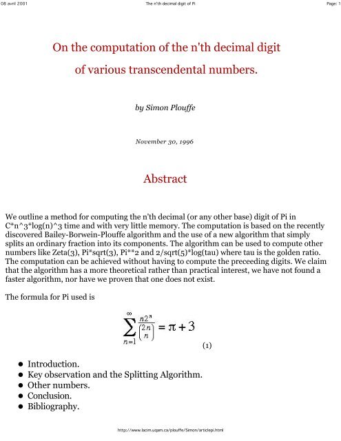 Decimal Digit of Pi 1996 - Simon Plouffe