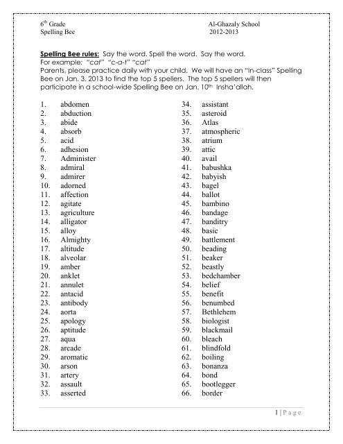 6th grade spelling list.2012.13 - Al-Ghazaly School