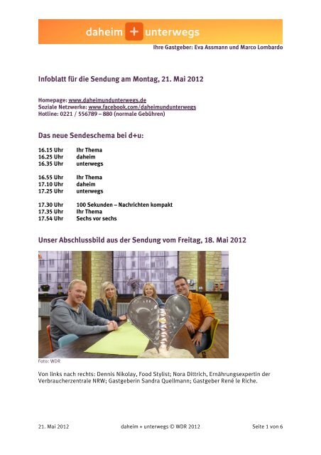 Infoblatt für die Sendung am Montag, 21. Mai 2012 Das neue ...