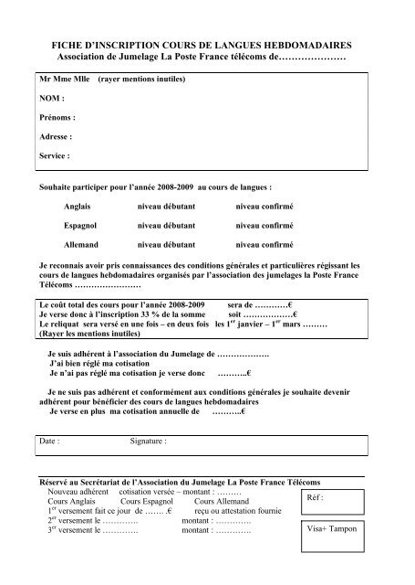 FICHE D'INSCRIPTION COURS DE LANGUES ... - Eurojumelages