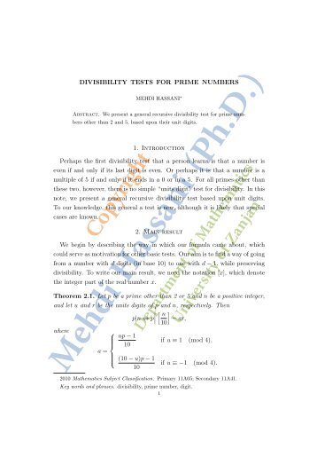 DIVISIBILITY TESTS FOR PRIME NUMBERS 1. Introduction ...