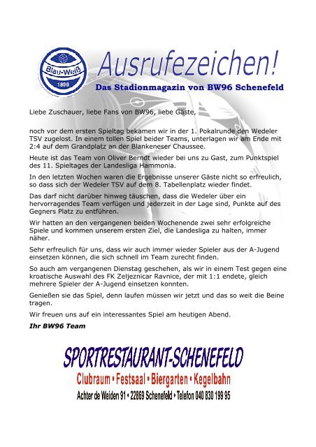 Das Stadionmagazin von BW96 Schenefeld