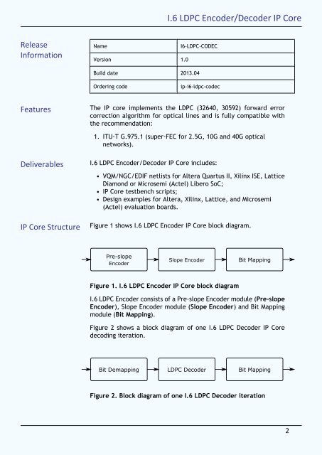 I.6 LDPC coder/decoder FPGA IP Core - IPrium