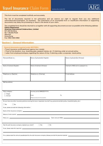 Travel Insurance Claim Form www.aiu.com.hk