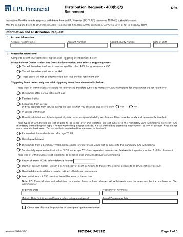 Distribution Request - 403(b)(7) Retirement - LPL Financial