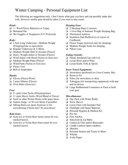 Winter Camping Personal Equipment List