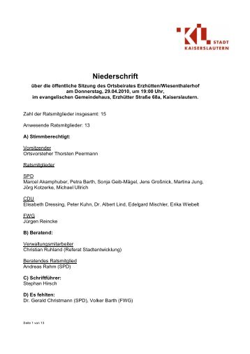 Niederschrift - Stadt Kaiserslautern