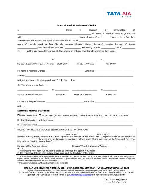 assignment form life insurance