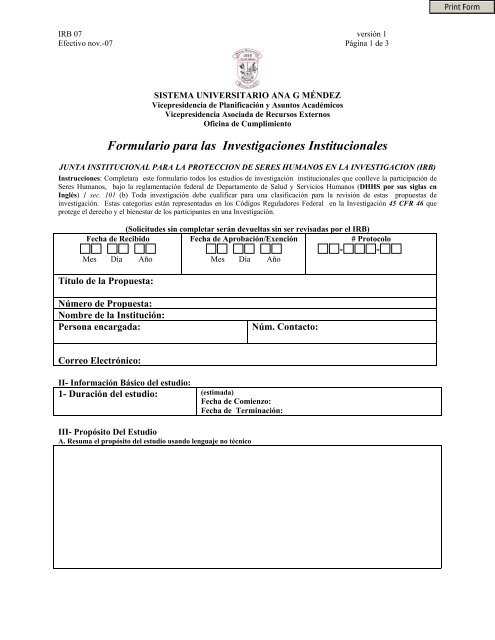 Formulario para las Investigaciones Institucionales - Sistema ...