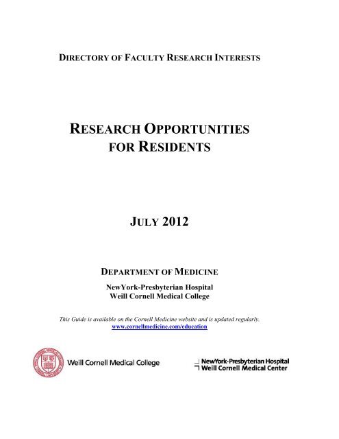 research opportunities for residents - Weill Cornell Department of ...