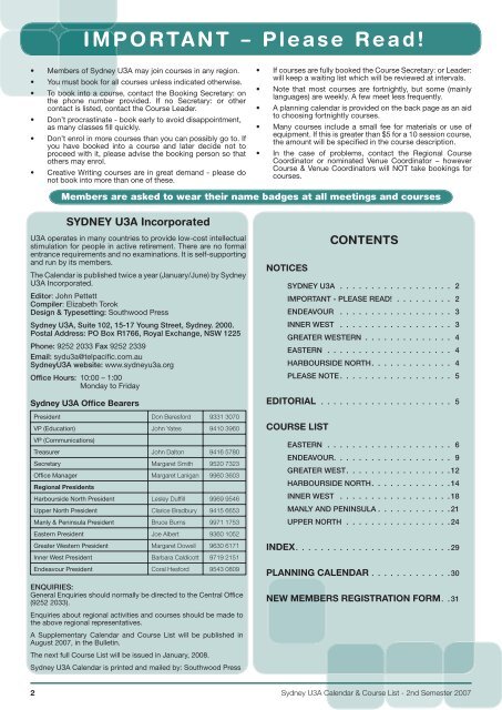 Course List 2nd Semester 2007 - Sydney U3A