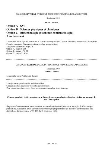 Option A : SVT Option B : Sciences physiques et chimiques Option C ...