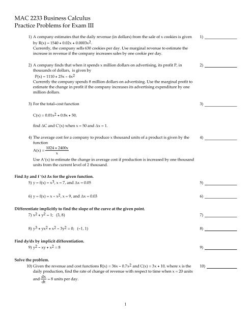 Mac 2233 Business Calculus Practice Problems For Exam Iii