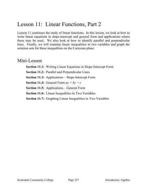 Lesson 11: Linear Functions, Part 2 - Scottsdale Community College ...