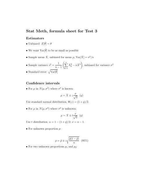 Stat Meth, formula sheet for Test 3