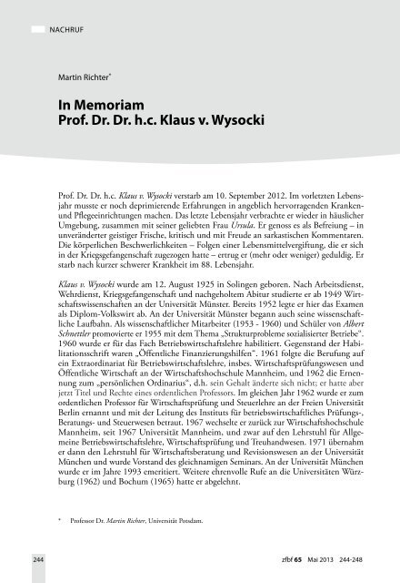 In Memoriam Prof. Dr. Dr. h.c. Klaus v. Wysocki - Fakultät für ...