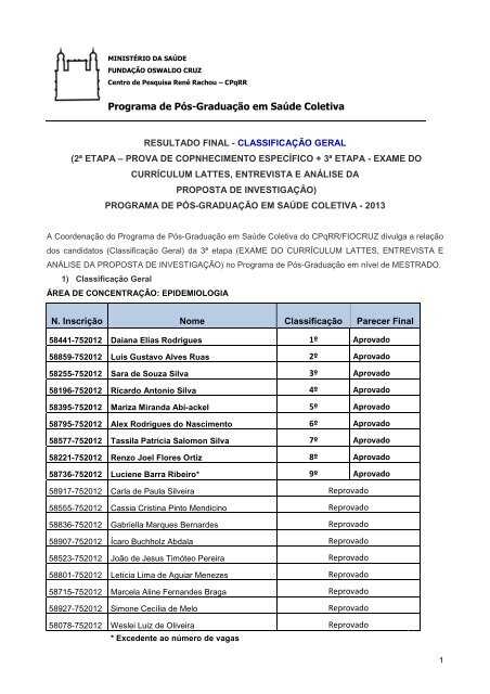 Mestrado 2013 - Resultado Final - ClassificaÃ§Ã£o Geral - Fiocruz