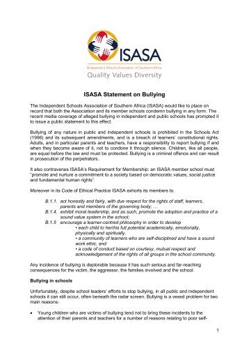 ISASA Statement on Bullying - A Family of Schools