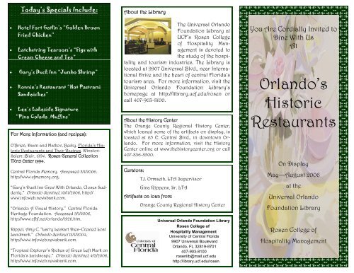 Orlando S Historic Restaurants Brochure Ucf Library