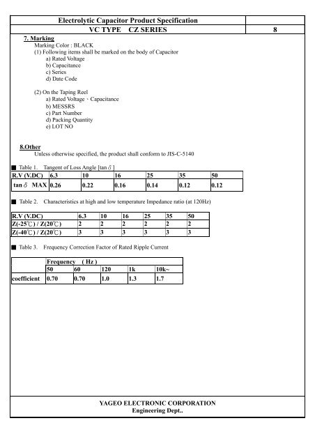 Electrolytic Capacitor Product Specification VC TYPE CZ SERIES ...