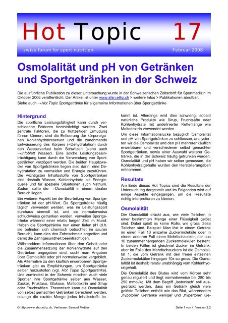 Osmolalität und pH von Getränken und Sportgetränken in der Schweiz
