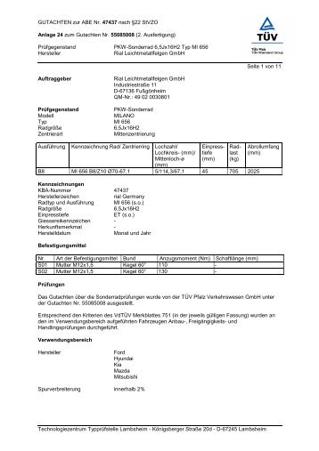 GUTACHTEN zur ABE Nr. 47437 nach Â§22 StVZO Anlage 24 zum ...