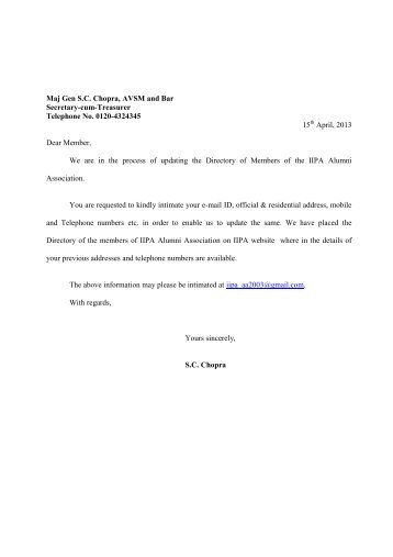 Maj Gen S.C. Chopra, AVSM and Bar Secretary-cum-Treasurer ...