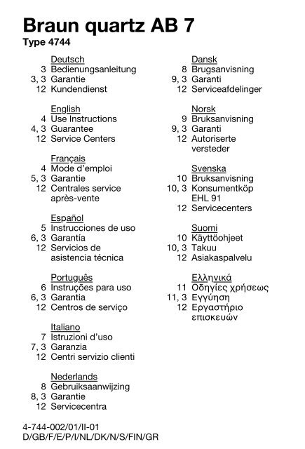 AB7 - Braun Consumer Service spare parts use instructions manuals