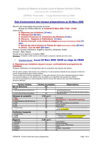 Etat d'avancement des travaux prÃ©paratoires au 03 Mars 2006 - CRAN