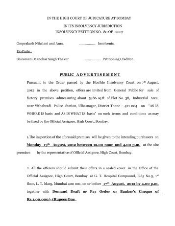 Public Notice - Official Assignee Insolvency Petition No. 80 of 2007