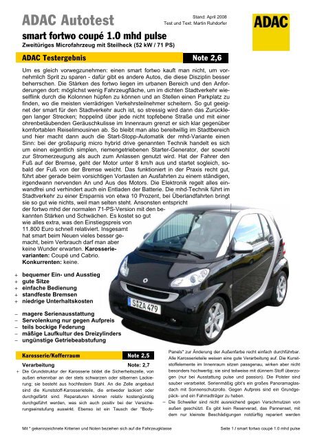 Umfassender Test smart fortwo coupÃ© 1.0 mhd pulse - ADAC