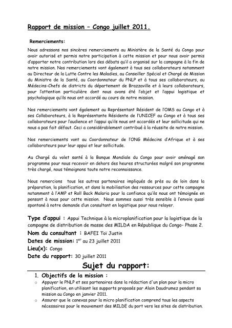 RAPPORT DE MISSION D'APPUI EN LOGISTIQUE AU CAMEROUN