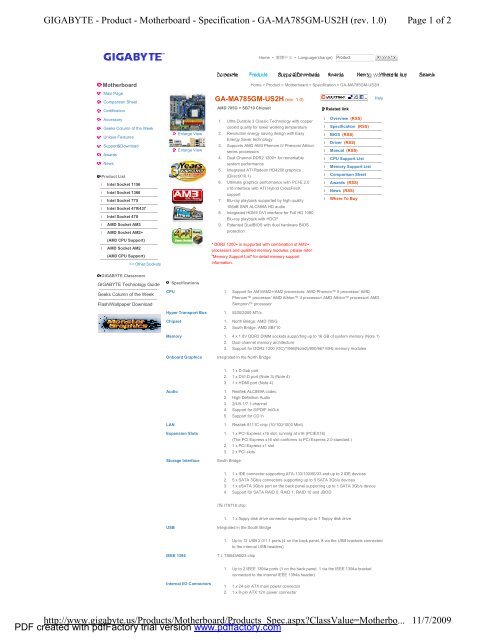 Page 1 of 2 GIGABYTE - Product - Motherboard - Specification - GA ...