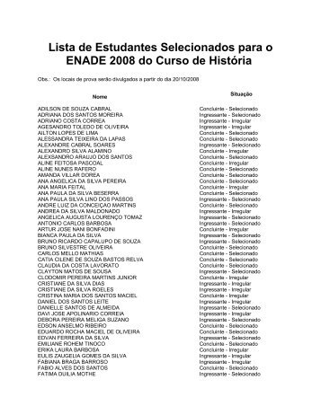 Lista de Estudantes Selecionados para o ENADE â Curso de HistÃ³r