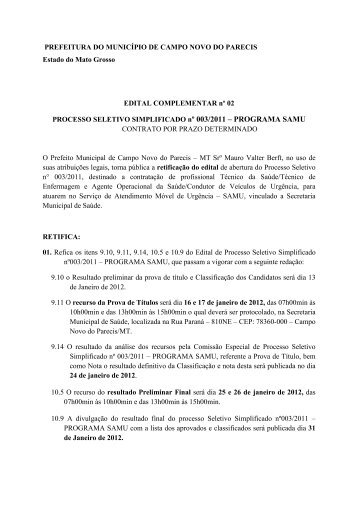 edital complementar 02- processo seletivo nÂº003- 2011 - samu