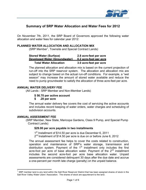 2012 Summary SRP Water Allocation and Water ... - Salt River Project