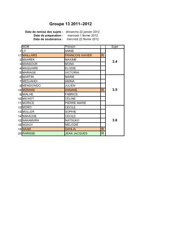 (3e annÃ©e de pharmacie), 2011-2012 : liste d'appel, groupe 13